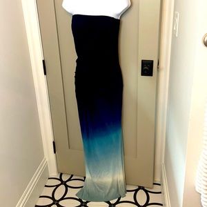 Strapless Young Broke and Fabulous jersey maxi-dress. Navy blue w/ tie-dye.